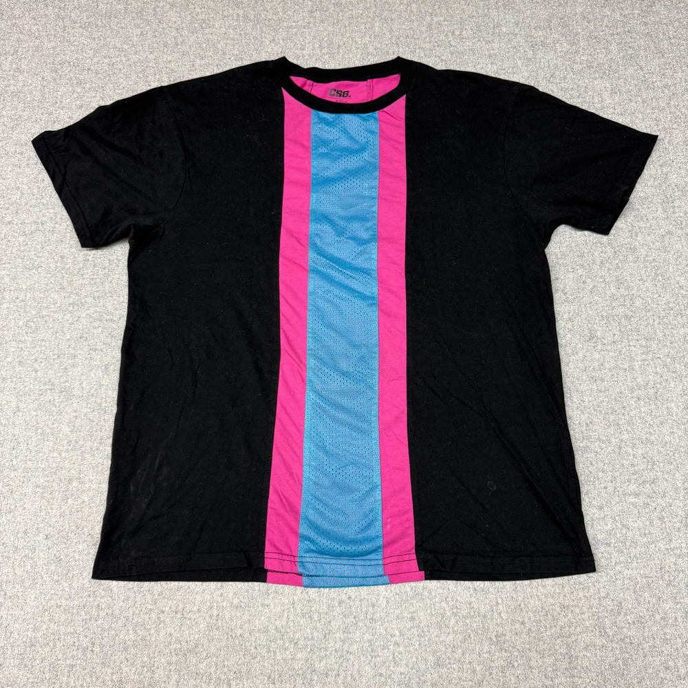 CSG T-Shirt XL Black Pink Blue Mesh Stripe Athletic Short Sleeve Crew Neck Tee